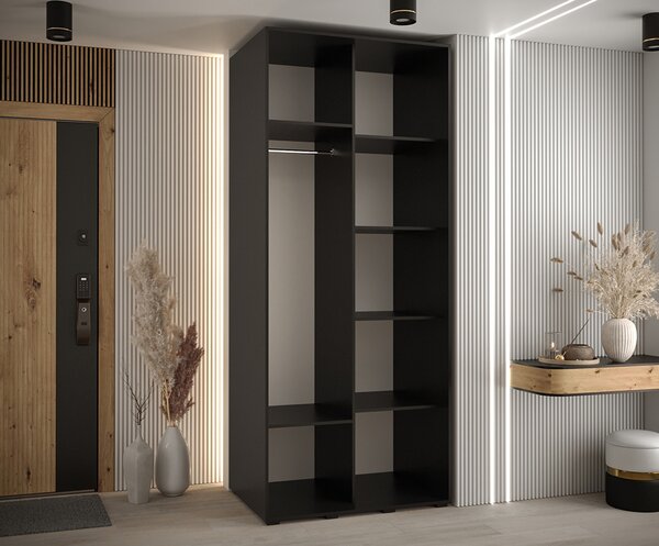 Šatní skříň s posuvnými dveřmi DAVOS 100cm | Černá / DUB Artisan / stříbrné