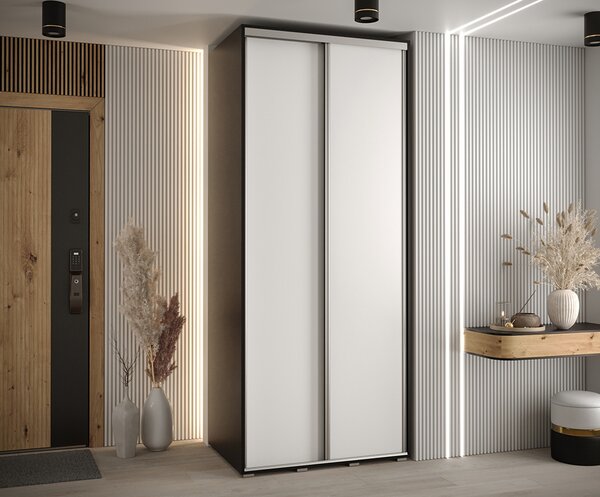 Šatní skříň s posuvnými dveřmi DAVOS 100cm | Černá / bílá / stříbrné pojezdy