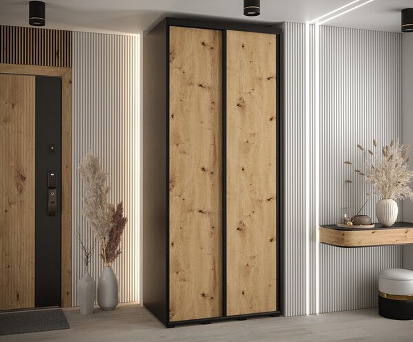Šatní skříň s posuvnými dveřmi DAVOS 100cm | Černá / DUB Artisan / černé pojezdy