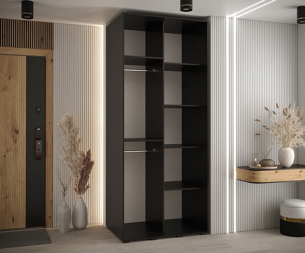 Šatní skříň s posuvnými dveřmi DAVOS 100cm | Černá / DUB Artisan / stříbrné