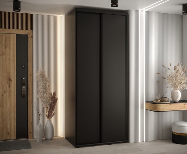 Šatní skříň s posuvnými dveřmi DAVOS 100cm | Černá / černé pojezdy
