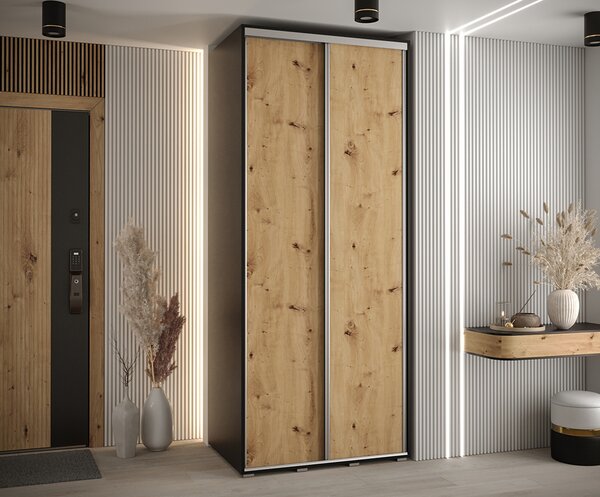 Šatní skříň s posuvnými dveřmi DAVOS 100cm | Černá / DUB Artisan / stříbrné