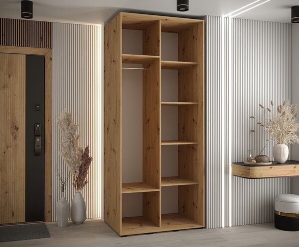 Šatní skříň s posuvnými dveřmi DAVOS 100cm | DUB Artisan / černá / stříbrné