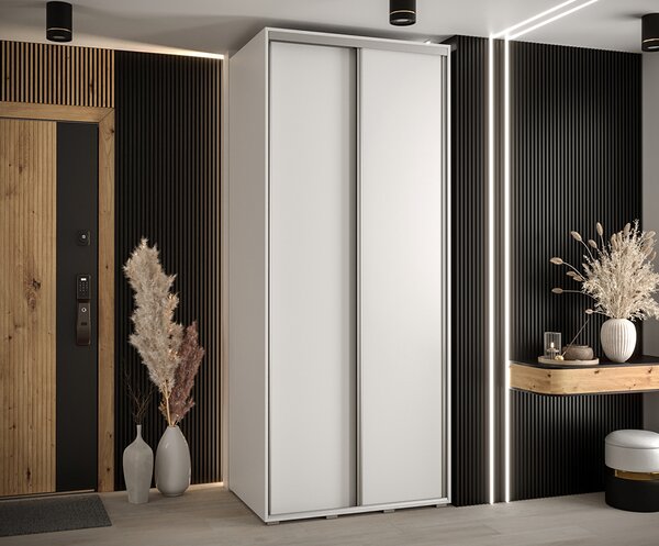 Šatní skříň s posuvnými dveřmi DAVOS 100cm | Bílá / stříbrné pojezdy