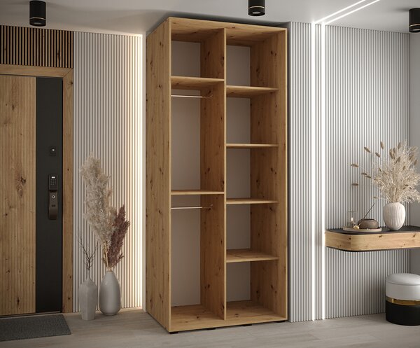Šatní skříň s posuvnými dveřmi DAVOS 100cm | DUB Artisan / černá / stříbrné
