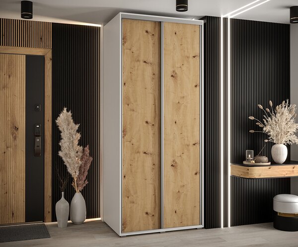 Šatní skříň s posuvnými dveřmi DAVOS 100cm | Bílá / DUB Artisan / stříbrné