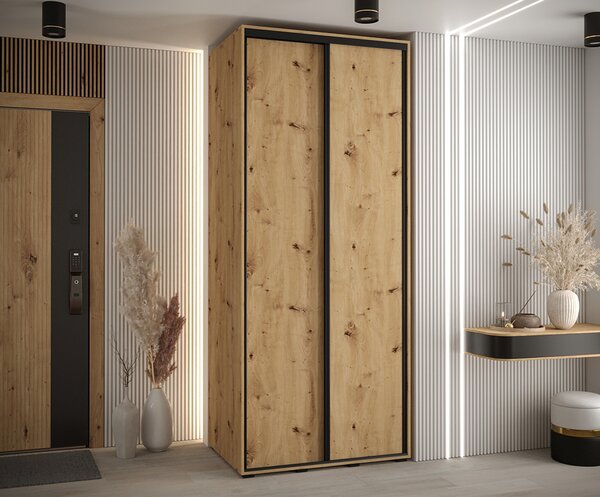 Šatní skříň s posuvnými dveřmi DAVOS 100cm | DUB Artisan / černé pojezdy