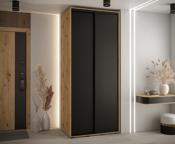Šatní skříň s posuvnými dveřmi DAVOS 100cm | DUB Artisan / černá / černé pojezdy