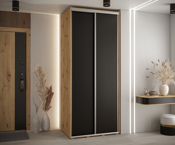 Šatní skříň s posuvnými dveřmi DAVOS 100cm | DUB Artisan / černá / stříbrné