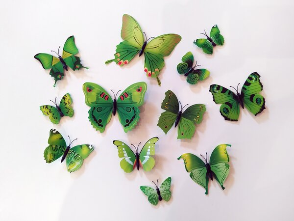 3D motýlci na zeď zelená 12 ks 5 až 12 cm
