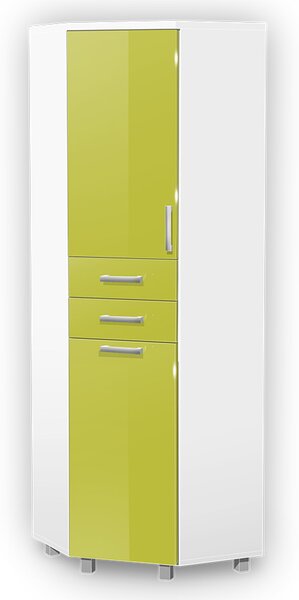 Vysoká koupelnová skříňka rohová s košem K35 barva skříňky: bílá 113, barva dvířek: lemon lesk