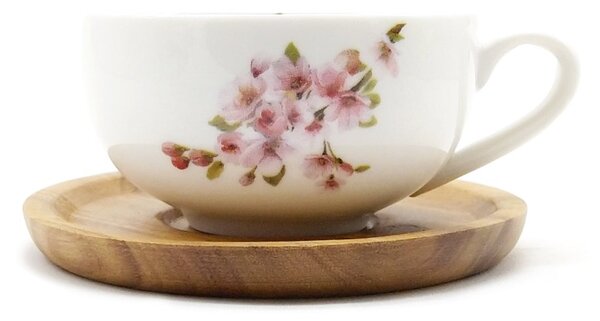 Porcelánový espresso šálek Easy Life Sakura, bílý, s podšálkem z akácie, motiv sakury, 120 ml