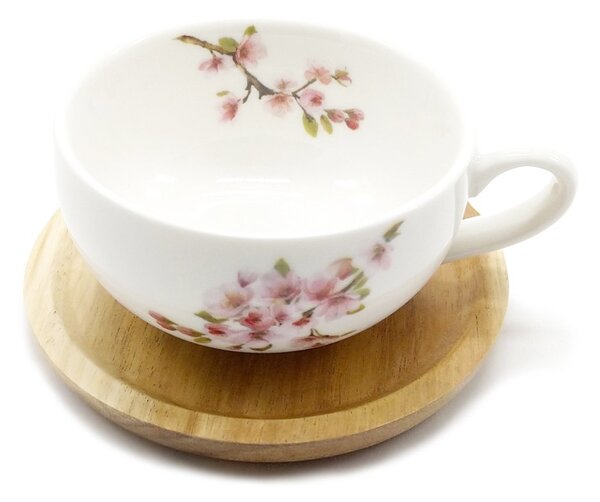 Porcelánový espresso šálek Easy Life Sakura, bílý, s podšálkem z akácie, motiv sakury, 120 ml