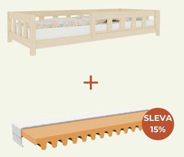 Jednolůžková postel PLOTTY se zábranou 120x200 cm + matrace WAVE - Transparentní vosková lazura matná, S otevřeným vstupem