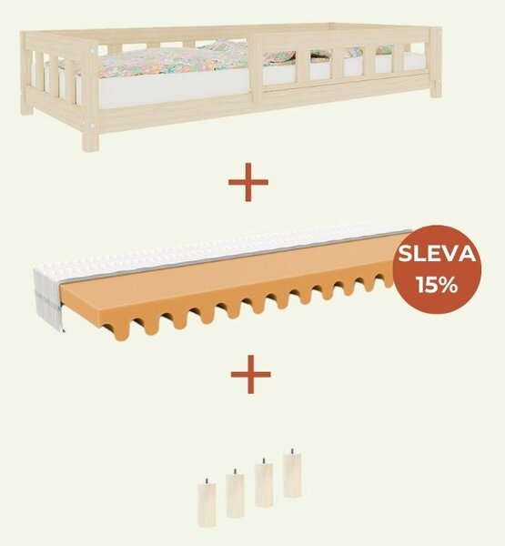 Vysoká jednolůžková postel PLOTTY se zábranou 90x200 cm + matrace WAVE - Nelakovaná, S jednou zábranou