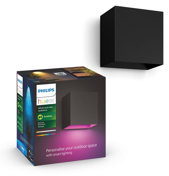 Philips Hue LED venkovní nástěnné svítidlo Resonate, černá, RGBW, IP44, stmívatelný, Černá, Hliník, Moderní