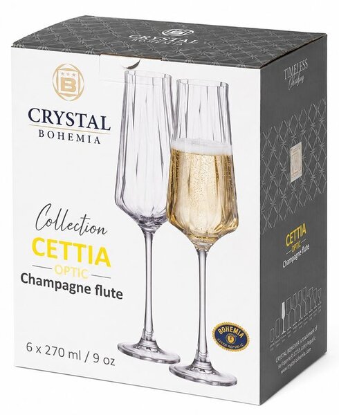 Crystal Bohemia Cettia optic sklenice na sekt 270 ml 6 ks