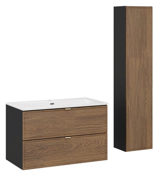 Comad Koupelnová sestava s deskou, skříňkami a zápustným umyvadlem Talia Casella 80 cm černý mat/dub casella