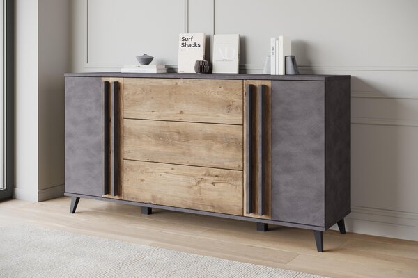 Komoda MINIO "HURON" o šířce 150 cm, se 2 dvířky, 3 zásuvkami a nožkami – barva: Matera / Breslau, odstín ořech