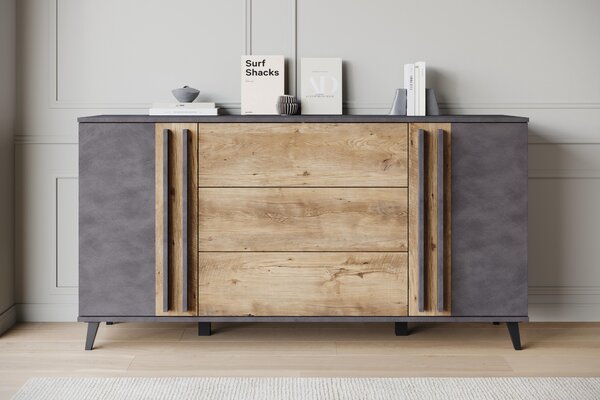Komoda MINIO "HURON" o šířce 150 cm, se 2 dvířky, 3 zásuvkami a nožkami – barva: Matera / Breslau, odstín ořech