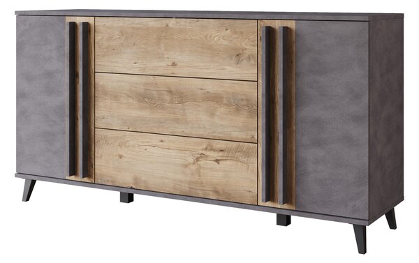 Komoda MINIO "HURON" o šířce 150 cm, se 2 dvířky, 3 zásuvkami a nožkami – barva: Matera / Breslau, odstín ořech