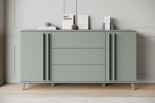 Komoda MINIO "HURON" o šířce 150 cm, se 2 dvířky, 3 zásuvkami a nožkami – barva: mlhově zelená