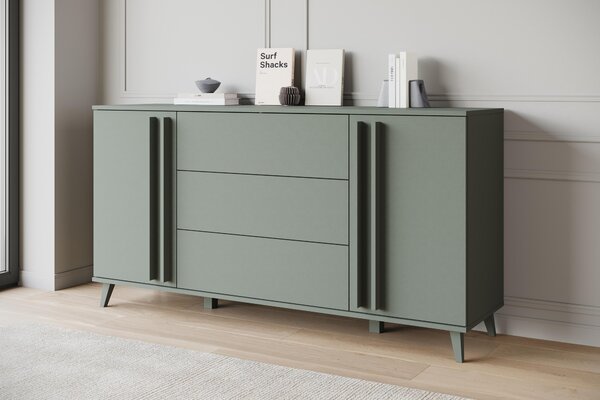 Komoda MINIO "HURON" o šířce 150 cm, se 2 dvířky, 3 zásuvkami a nožkami – barva: mlhově zelená