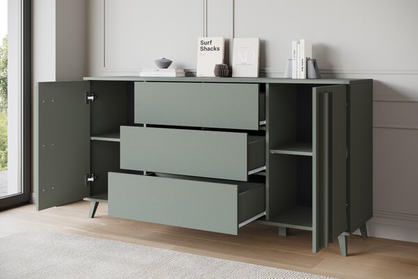 Komoda MINIO "HURON" o šířce 150 cm, se 2 dvířky, 3 zásuvkami a nožkami – barva: mlhově zelená
