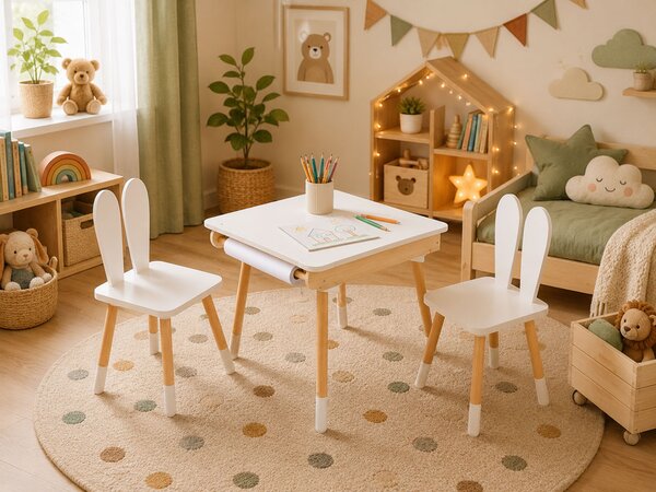 Dětská rostoucí sada BUNNY, stolek a 2 židle, bílá/hnědá ELIS design