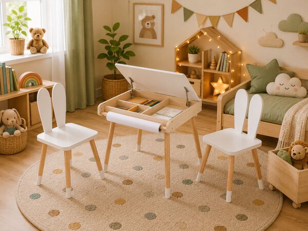 Dětská rostoucí sada BUNNY, stolek a 2 židle, bílá/hnědá ELIS design
