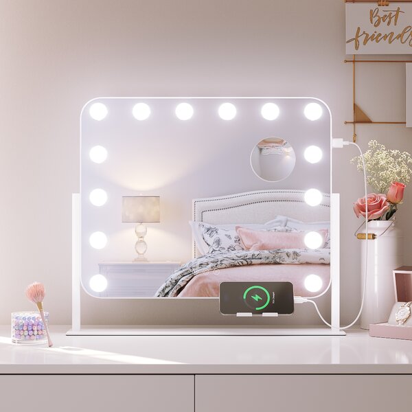 SONNI 50x47cm bílé kosmetické zrcátko se 3 barvami světla, s USB, 10x zvětšení, oboustranné