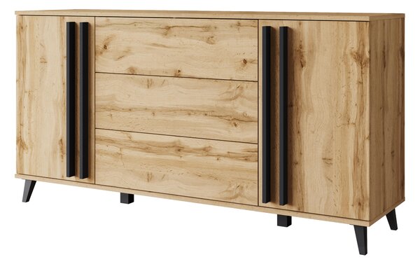 Komoda MINIO "HURON" 150 cm, s 2 dvířky, 3 zásuvkami a nožkami – barva: dub Wotan / černá