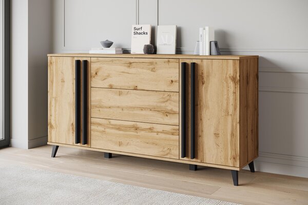 Komoda MINIO "HURON" 150 cm, s 2 dvířky, 3 zásuvkami a nožkami – barva: dub Wotan / černá