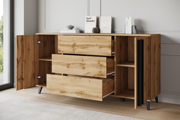Komoda MINIO "HURON" 150 cm, s 2 dvířky, 3 zásuvkami a nožkami – barva: dub Wotan / černá