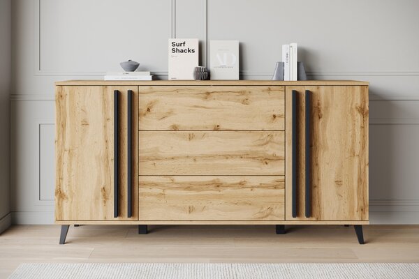 Komoda MINIO "HURON" 150 cm, s 2 dvířky, 3 zásuvkami a nožkami – barva: dub Wotan / černá