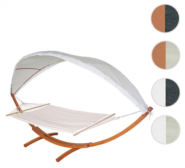 Houpací síť HWC-J47 se stříškou pro 2 osoby, dřevo, 420cm - hnědá, krémově-bílá