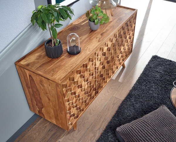 FineBuy Komoda z masivního dřeva Sheesham 140 cm se 2 dvířky a 3 zásuvkami – masivní retro komoda s dřevěnými nohami – designový přírodní příborník – ruční výroba