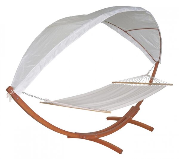 Houpací síť HWC-J47 se stříškou pro 2 osoby, dřevo, 420cm - hnědá, krémově-bílá