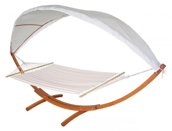 Houpací síť HWC-J47 se stříškou pro 2 osoby, dřevo, 420cm - hnědá, krémově-bílá