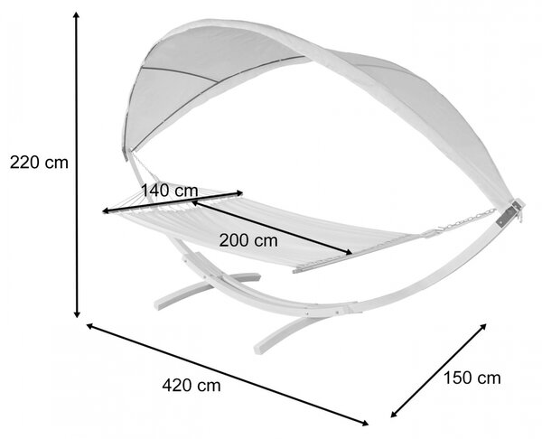 Houpací síť HWC-J47 se stříškou pro 2 osoby, dřevo, 420cm - hnědá, krémově-bílá