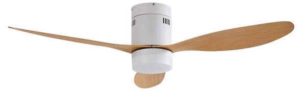 Lucande LED stropní ventilátor Kayu, bílý/dřevěný, DC, 132 cm, Světlé dřevo, Obývací pokoj / jídelna, Plast, Moderní