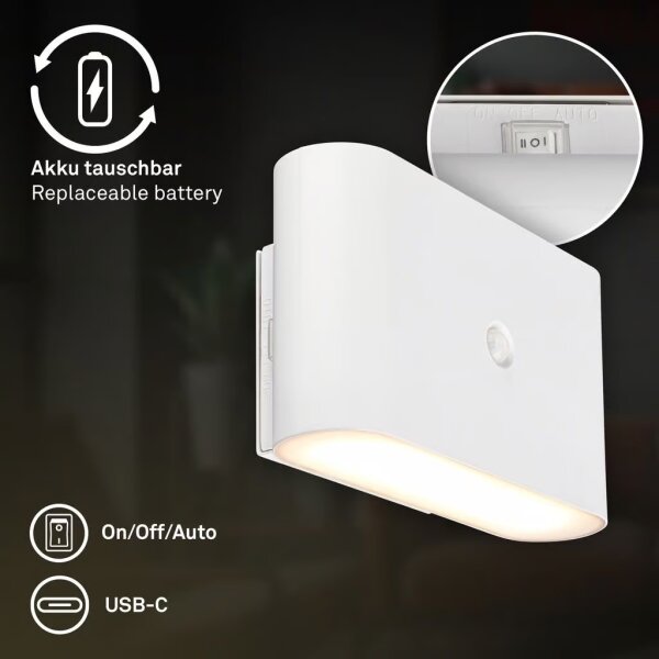 Briloner 3878016 - LED Nab nást svít se senz CHAT LED/3W/5V 2000 mAh bílá