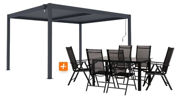 ZAHRADNÍ KOMBO bioklimatická pergola s lamelami BestBerg BBP-12G + Zahradní jídelní set 6+1 BestBerg BBGF-53B