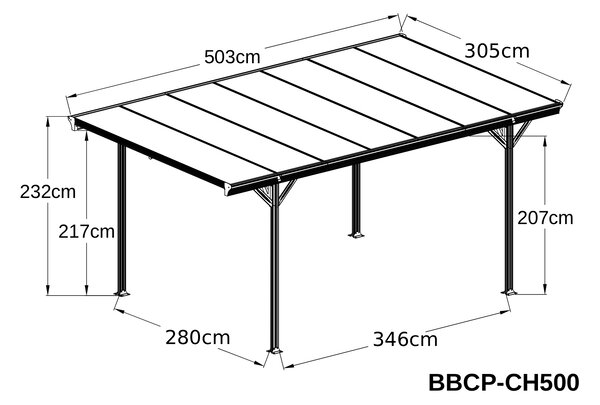 Přístřešek na auto BestBerg BBCP-CH500 / 15,3 m² / 503 x 305 x 232 cm / antracit/šedá