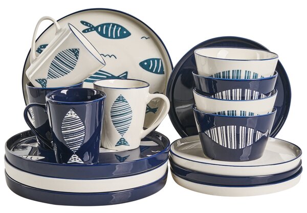 Sada 16 kusů nádobí TAMARIND Porcelán Bílá/Modrá