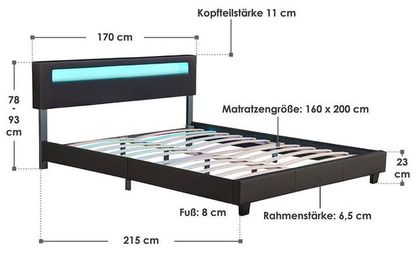 Moderní černá čalouněná postel 160x200 s LED a roštem