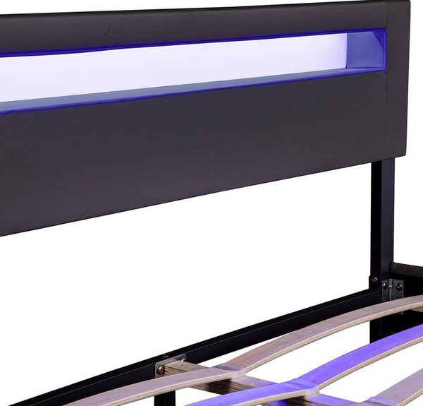 Moderní černá čalouněná postel 160x200 s LED a roštem