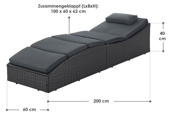 Polyratanové skládací lehátko 200 x 60 x 40 cm, černé