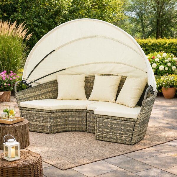 Zahradní ratanová postel BestBerg BBGF-178GY / 180 × 142 cm / šedá/krémová