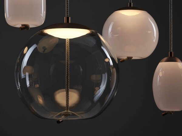 Brokis Designové LED závěsné svítidlo Knot Sfera Small, PC1035 Barva skla: Šedá kouřová - transparentní sklo, Povrchová úprava baldachýnu: Mosaz, Povrch reflektoru: Mosaz